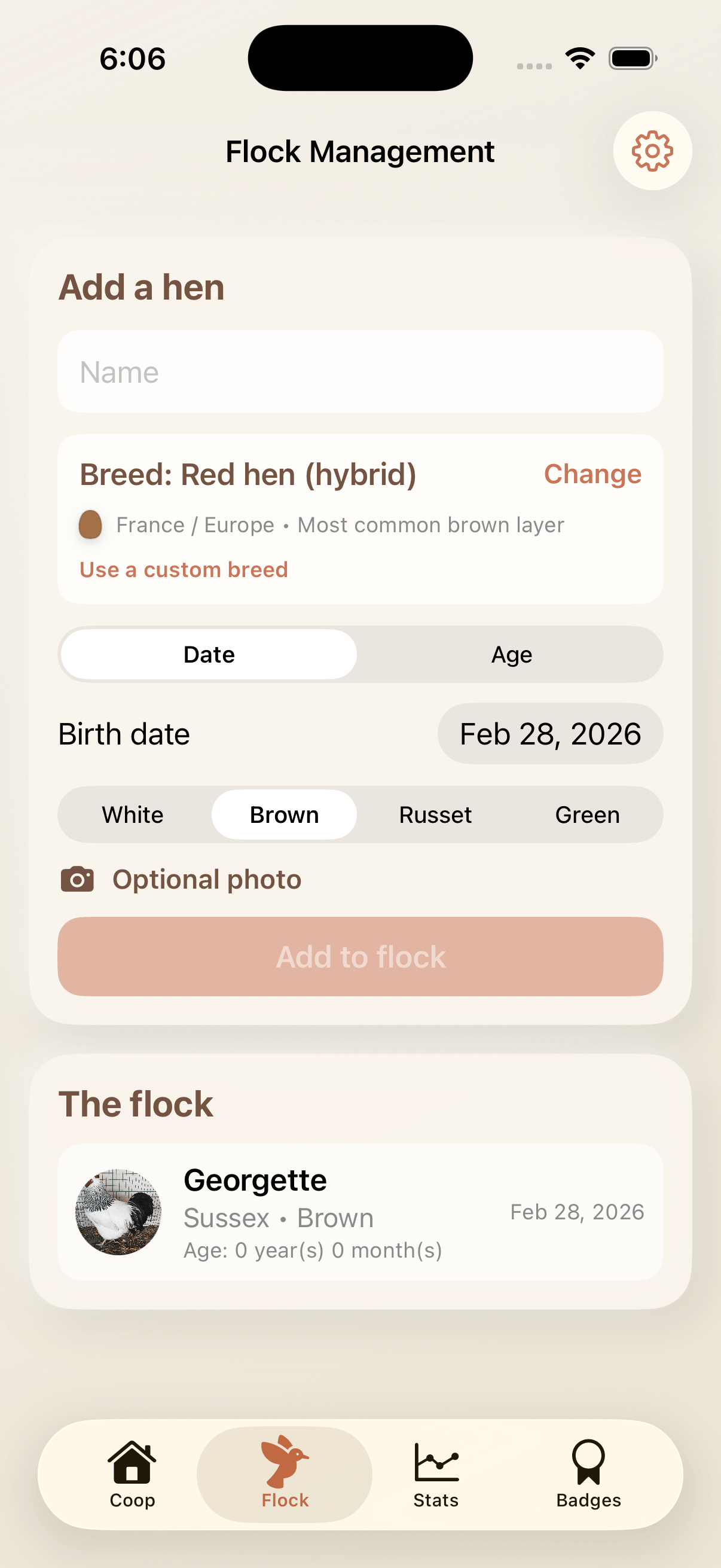 EggTrack stats and badges screen on iPhone
